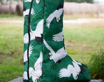 Custom Equestrian Tall Boot Bag - Emerald Green Cranes Birds