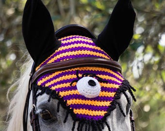 In-Stock - Orange and Purple Stripe Monster Eyeball Halloween Fly Veil Bonnet - Horse Size