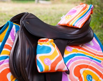 Custom Stirrup Covers -  Psychedelic Rainbow Waves - Groovy Smiles - Fleece Lined