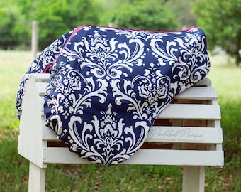 Custom Saddle Cover - Navy Blue Floral Damask - English and Western