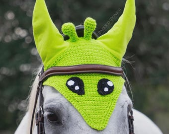 In-Stock - Lime Green Alien Extraterrestrial Halloween Costume Fly Veil Bonnet - Horse Size
