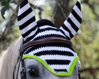 In-Stock - Black and White Stripe Halloween Fly Veil Bonnet - Horse Size