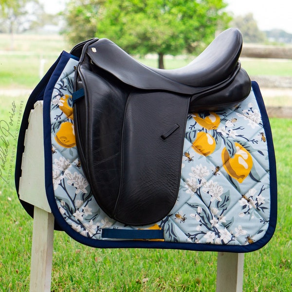 Custom Saddle Pad - Blue & Yellow Floral, Lemons, and Bees - English and Western