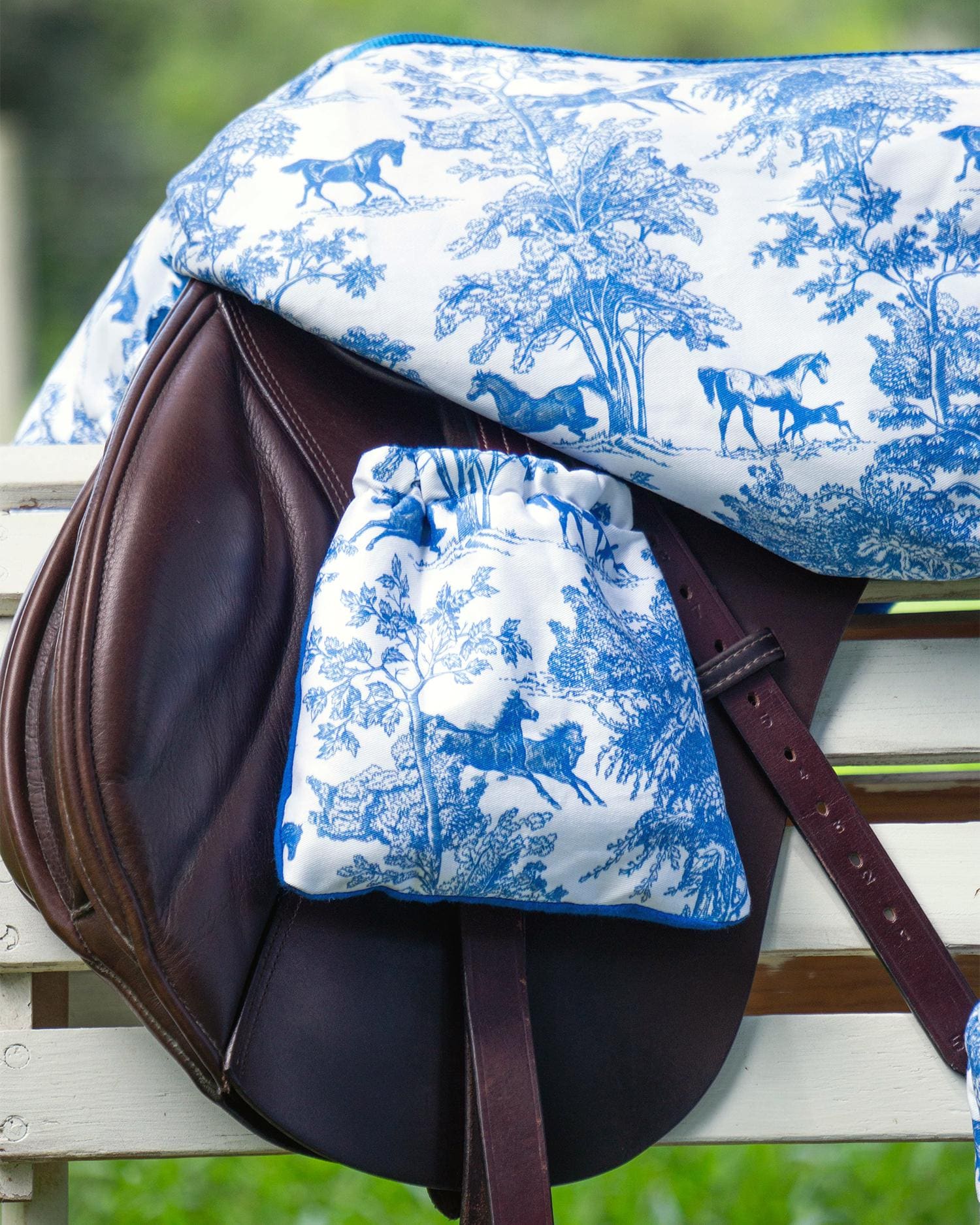 Custom Stirrup Covers -  Blue Equestrian Toile - Fleece Lined