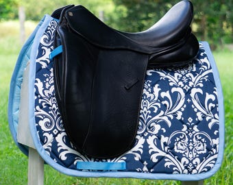 Custom Saddle Pad - Navy & Baby Blue Damask Floral - English and Western