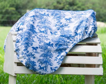 Custom Saddle Cover - Blue Equestrian Toile
