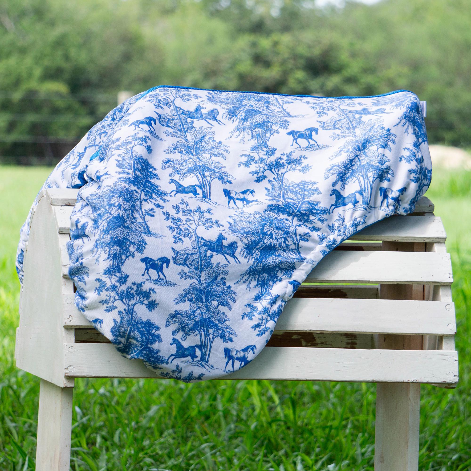 Custom Saddle Cover - Blue Equestrian Toile