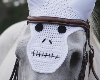 In-Stock - White Skull Skeleton Halloween Costume Fly Veil Bonnet - Horse Size