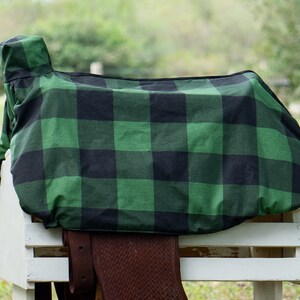Custom Saddle Cover - Green and Black Buffalo Plaid - English and Western