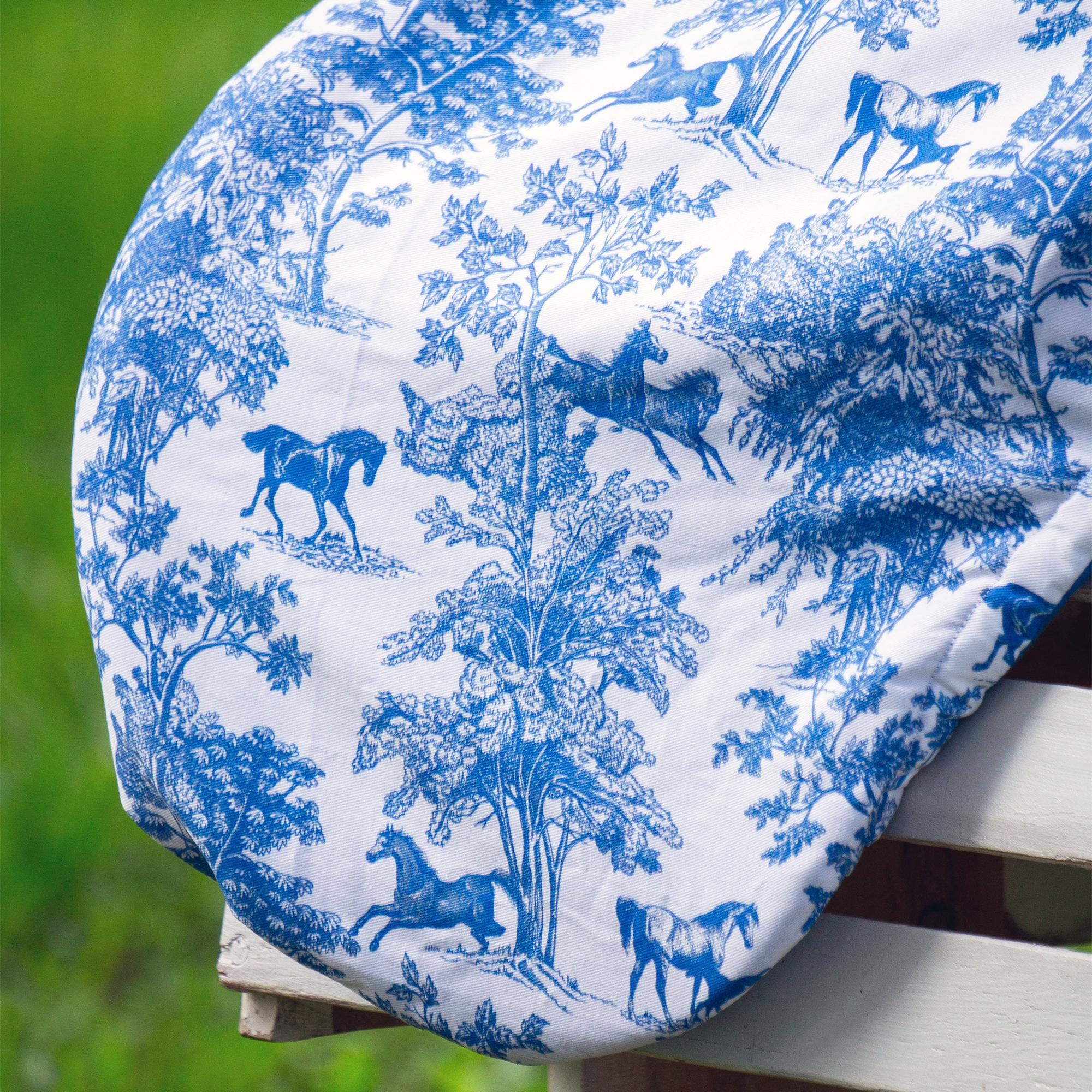 Custom Saddle Cover - Blue Equestrian Toile - Fleece Lined 
