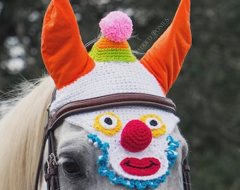 In-Stock - Silly Clown Face Halloween Fly Veil Bonnet - Horse Size