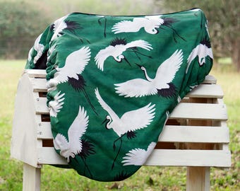 Custom Saddle Cover - Emerald Green Cranes Birds - English and Western