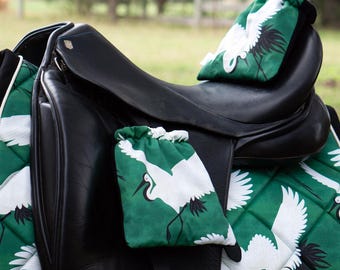 Custom Stirrup Covers -  Emerald Green Cranes Birds - Fleece Lined