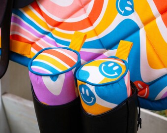 Custom Equestrian Boot Trees - Psychedelic Rainbow Waves - Retro Smiles - Tall Boot Shapers