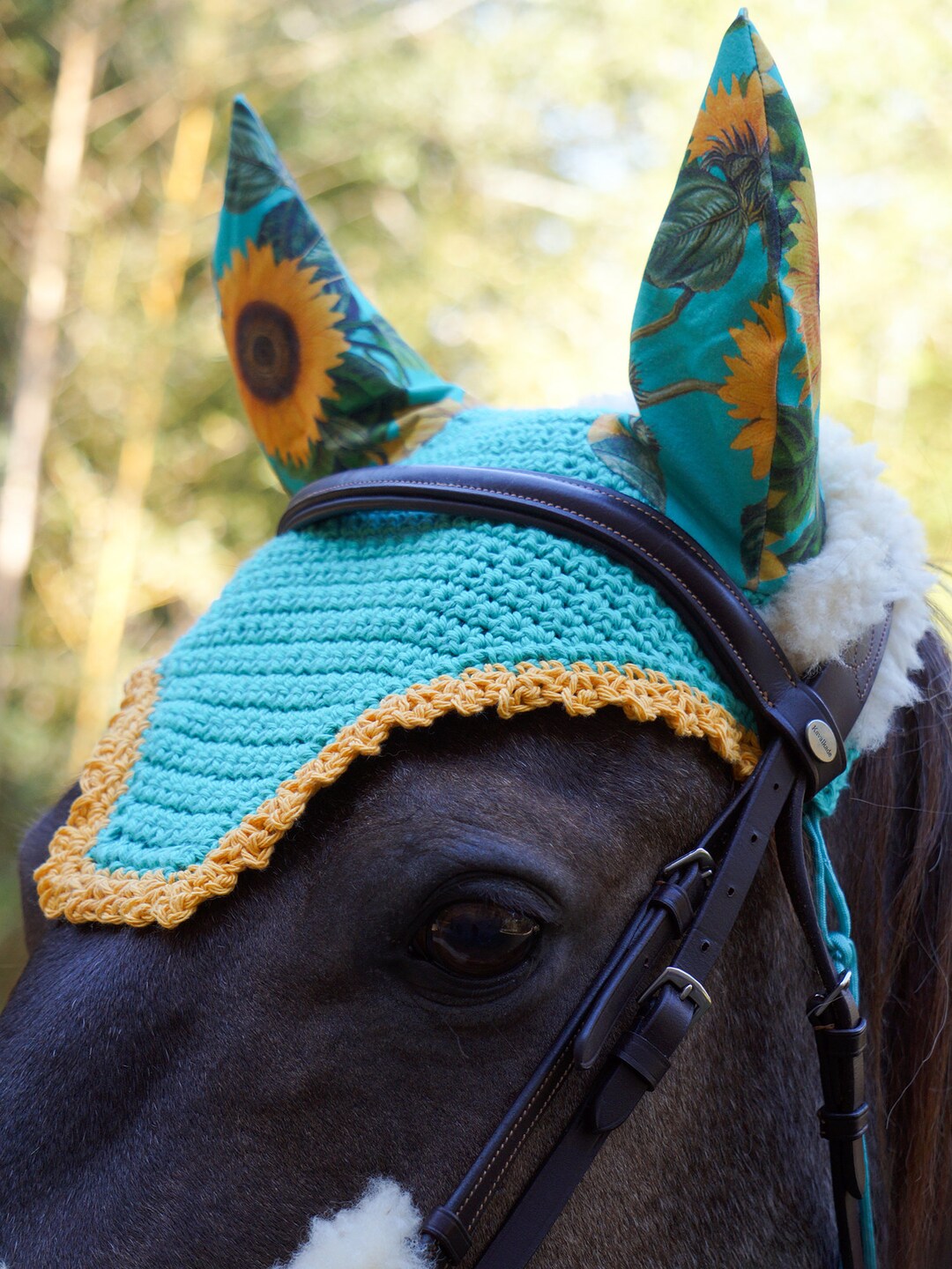 Custom Horse Fly Bonnet - Turquoise & Yellow Sunflowers - Pony to Draft ...