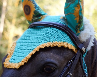 Custom Horse Fly Bonnet - Turquoise & Yellow Sunflowers - Pony to Draft Sizes