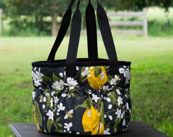 Custom Grooming Tote Brush Bag - Black and Yellow Lemons & Bees Floral