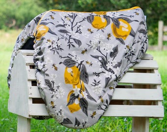 Custom Saddle Cover - Gray and Yellow Lemons and Bees - English and Western