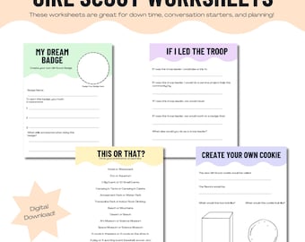 May include: Four printable Girl Scout worksheets with headers reading Girl Scout Worksheets, My Dream Badge, If I Led The Troop, This Or That, and Create Your Own Cookie. The pages feature pastel coloured accents, blank lines for writing, and a star graphic labelled Digital Download.