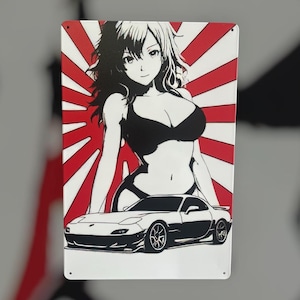 May include: A rectangular metal sign featuring a black and white illustration of an anime-style woman in a bikini, a white sports car, and a red and white rising sun design. The sign has a glossy finish.