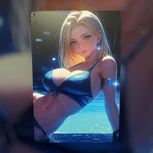 May include: Metal sign featuring an anime-style illustration of a woman with blonde hair and blue eyes. She is wearing a blue bikini and jewelry. The background depicts a pool with sparkling lights.