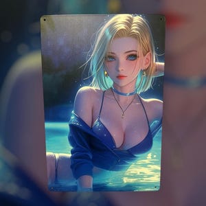 May include: Metal sign featuring an anime-style illustration of a woman with blonde hair and blue eyes. She wears a blue bikini and a matching choker necklace. The background depicts water with light reflections.