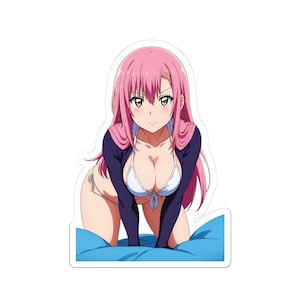 May include: A sticker featuring an anime-style character with pink hair and green eyes. The character is wearing a white bikini, a dark blue jacket, and is kneeling on a blue surface. The image has a clean, white background.