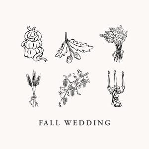 May include: A collection of black and white line art illustrations featuring a stacked pumpkin, an oak branch with acorns, a bouquet of lavender, wheat stalks, a grapevine, and a candelabra with three candles. The text FALL WEDDING is below.