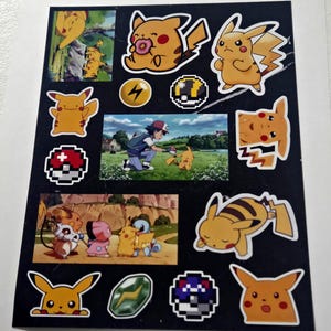 May include: A sheet of Pikachu stickers in various poses and scenes, set against a black backdrop. The stickers showcase the popular Pokémon character, including images of Pikachu with other characters and in different settings.