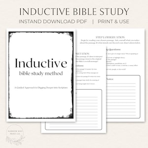 Peut inclure: Un guide d'étude biblique imprimable en noir et blanc intitulé "Inductive Bible Study". Le guide comprend le texte "Inductive bible study method" et "A Guided Approach to Digging Deeper into Scripture."