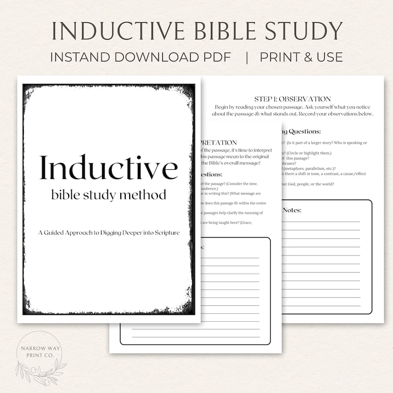 Może przedstawiać: Czarno-biały, drukowany przewodnik do studiowania Biblii zatytułowany "Inductive Bible Study". Przewodnik zawiera tekst "Inductive bible study method" i "A Guided Approach to Digging Deeper into Scripture."