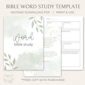 Könnte beinhalten: Bibel-Wortstudienvorlage mit dem Text "Word bible study" in einer handschriftlichen Schriftart. Die Vorlage enthält Abschnitte für Wortdefinition, Synonyme und persönliche Reflexion. Das Design zeigt grüne Akzente im Aquarellstil und den Text "INSTAND DOWNLOAD PDF | PRINT & USE".