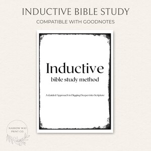 Może przedstawiać: Biały nadruk z tekstem "Inductive Bible Study" i "Compatible with Goodnotes". Tekst "Inductive bible study method" jest pogrubioną, czarną czcionką. Nadruk zawiera r&oacute;wnież tekst "A Guided Approach to Digging Deeper into Scripture".