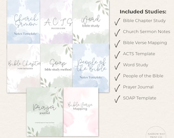 Bible Study Bundle, 9 Printable and Digital Sheets, SOAP, Verse Mapping, Character, Chapter, Topical, Sermon Notes, and Word Study