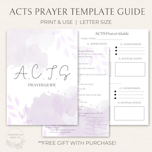 Puede incluir: Una guía imprimible de la plantilla de oración ACTS en tamaño carta, con secciones para Adoración, Confesión, Acción de Gracias y Súplica. La portada presenta las letras A.C.T.S. en una fuente de escritura sobre un fondo de acuarela lila.