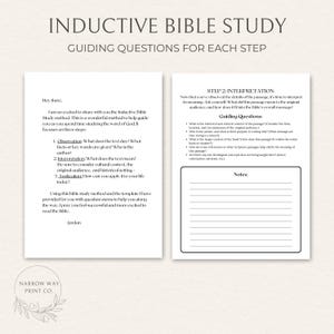 Może przedstawiać: Dwustronicowy przewodnik po indukcyjnym studium Biblii z tytułem "INDUCTIVE BIBLE STUDY" i "GUIDING QUESTIONS FOR EACH STEP." Lewa strona przedstawia metodę studiowania w trzech krokach: Obserwacja, Interpretacja i Zastosowanie. Prawa strona zawiera pytania przewodnie do interpretacji i sekcję notatek.
