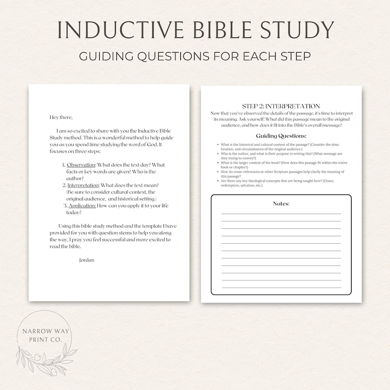 Może przedstawiać: Dwustronicowy przewodnik po indukcyjnym studium Biblii z tytułem "INDUCTIVE BIBLE STUDY" i "GUIDING QUESTIONS FOR EACH STEP." Lewa strona przedstawia metodę studiowania w trzech krokach: Obserwacja, Interpretacja i Zastosowanie. Prawa strona zawiera pytania przewodnie do interpretacji i sekcję notatek.