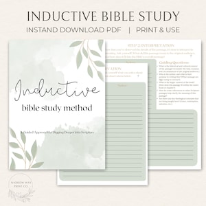 May include: A printable Bible study guide with the title "Inductive Bible Study" in a handwritten font. The guide includes sections for observation and interpretation, with guiding questions. The design features a watercolor wash and botanical accents.