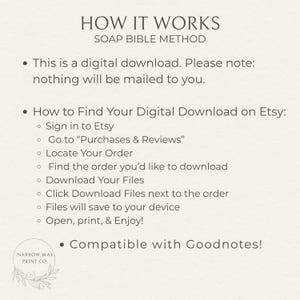 Może przedstawiać: Cyfrowe pobieranie zatytułowane "HOW IT WORKS SOAP BIBLE METHOD" z instrukcjami, jak znaleźć pobranie na Etsy. Tekst zawiera kroki logowania, przejścia do zakup&oacute;w, zlokalizowania zam&oacute;wienia, pobrania plik&oacute;w i otwarcia. Kompatybilny z Goodnotes.