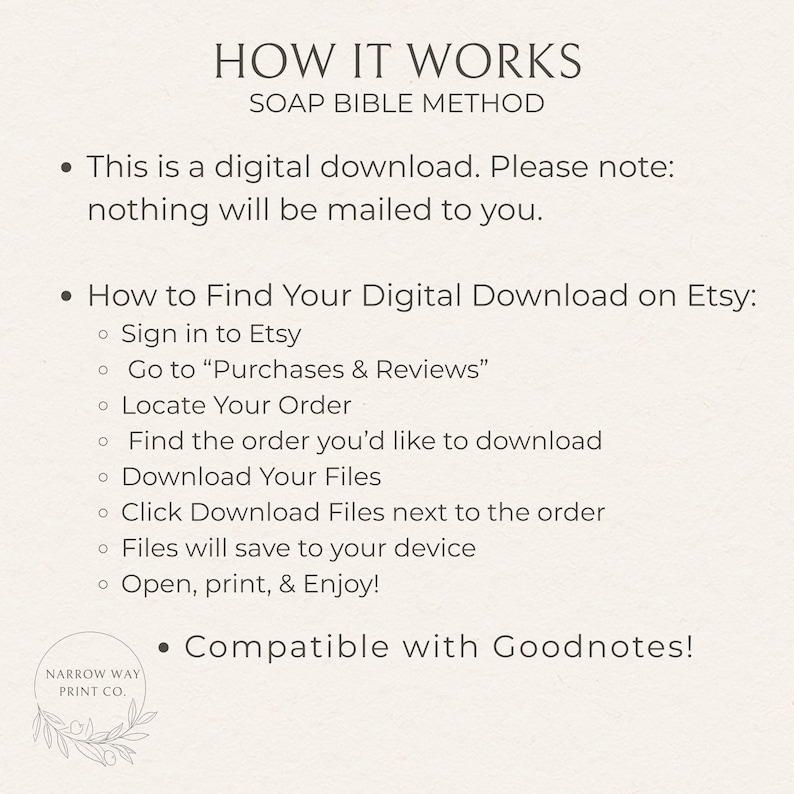 Może przedstawiać: Cyfrowe pobieranie zatytułowane "HOW IT WORKS SOAP BIBLE METHOD" z instrukcjami, jak znaleźć pobranie na Etsy. Tekst zawiera kroki logowania, przejścia do zakup&oacute;w, zlokalizowania zam&oacute;wienia, pobrania plik&oacute;w i otwarcia. Kompatybilny z Goodnotes.