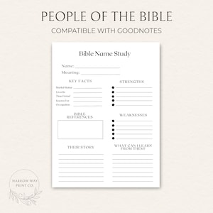 Op de afbeelding: Een witte, afdrukbare PDF-pagina met de tekst "People of the Bible" en "Bible Name Study". De pagina bevat secties voor belangrijke feiten, sterke punten, zwakke punten en een samenvatting van het verhaal. Het document is compatibel met Goodnotes.