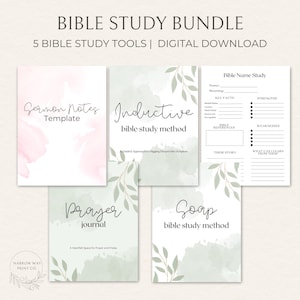 Könnte beinhalten: Ein digitales Bibelstudien-Bundle mit fünf Tools: Predigtnotizen-Vorlage, Induktive Bibelstudienmethode, Bibelnamensstudie, Gebetstagebuch und Soap-Bibelstudienmethode. Jedes Tool hat einen Aquarellhintergrund und botanische Akzente. Der Text "BIBLE STUDY BUNDLE" steht oben.