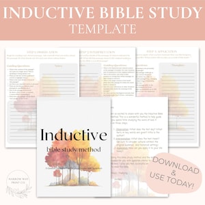 May include: An inductive Bible study template featuring multiple pages with sections for observation, interpretation, and application. The pages include guiding questions, lined note areas, and a watercolor illustration of autumn trees.