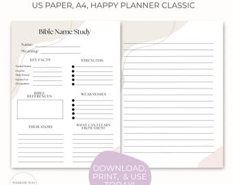 People of the Bible, Names Bible Study Template (Printable US Paper, Happy Planner Classic, A4 PDF)