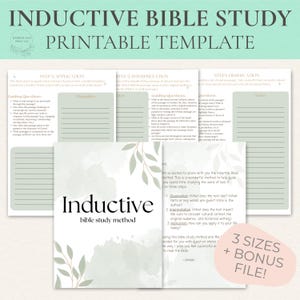 May include: An inductive Bible study printable template set featuring a cover page with sage green leaf illustrations and the text Inductive Bible study method. Includes three structured pages for observation, interpretation, and application steps.
