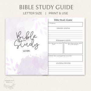May include: A Bible Study Guide with the title "Bible Study Guide" in elegant script. The cover features a watercolor wash in shades of purple and delicate floral accents. The interior pages are lined for notes.