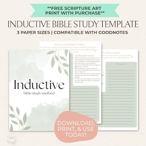 May include: An inductive Bible study template featuring three pages with sage green watercolor accents and leaf illustrations. The text includes Inductive Bible Study Method, Step 2: Interpretation, Guiding Questions, and Step 3: Application.