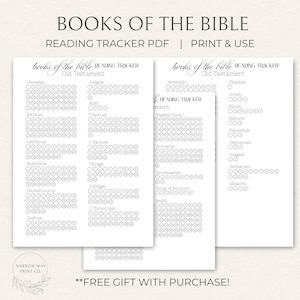 Könnte beinhalten: Drei druckbare Lesetracker für die Bücher der Bibel, in Schwarzweiß. Das Design enthält den Text "BOOKS OF THE BIBLE" und "READING TRACKER PDF | PRINT & USE". Jedes Buch hat eine Reihe von Kreisen, um den Lesefortschritt zu verfolgen.