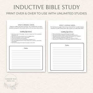 Może przedstawiać: Dwustronicowy, drukowany przewodnik do studiowania Biblii zatytułowany "INDUCTIVE BIBLE STUDY". Strony zawierają pytania przewodnie i miejsce na notatki. Widoczny jest r&oacute;wnież tekst "PRINT OVER & OVER TO USE WITH UNLIMITED STUDIES".