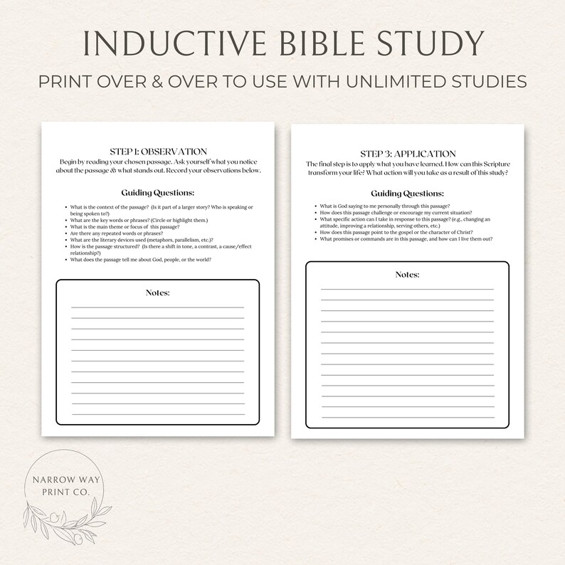Może przedstawiać: Dwustronicowy, drukowany przewodnik do studiowania Biblii zatytułowany "INDUCTIVE BIBLE STUDY". Strony zawierają pytania przewodnie i miejsce na notatki. Widoczny jest r&oacute;wnież tekst "PRINT OVER & OVER TO USE WITH UNLIMITED STUDIES".